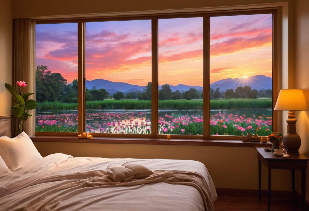 A serene and inviting motel room adorned with lotus flowers and calming colors, featuring a large window revealing a beautiful sunset over a tranquil lotus pond. Include plush bedding, soft lighting, and a small table with a cup of tea and a book. The atmosphere should feel warm and peaceful, evoking a sense of bliss and relaxation. super-realistic. vibrant colors. cozy ambiance.