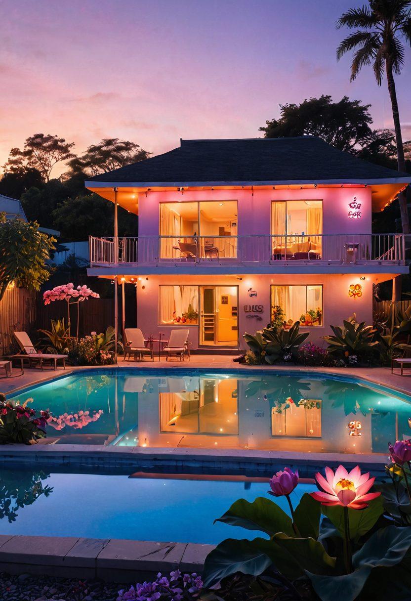 A serene and inviting scene of the Lotus Motel at sunset, with glowing neon signs and blooming lotus flowers in the foreground. Include guests relaxing by a tranquil pool surrounded by lush greenery and soft fairy lights. The sky should be painted in warm oranges and purples, creating a perfect getaway atmosphere. super-realistic. vibrant colors. tranquil setting.