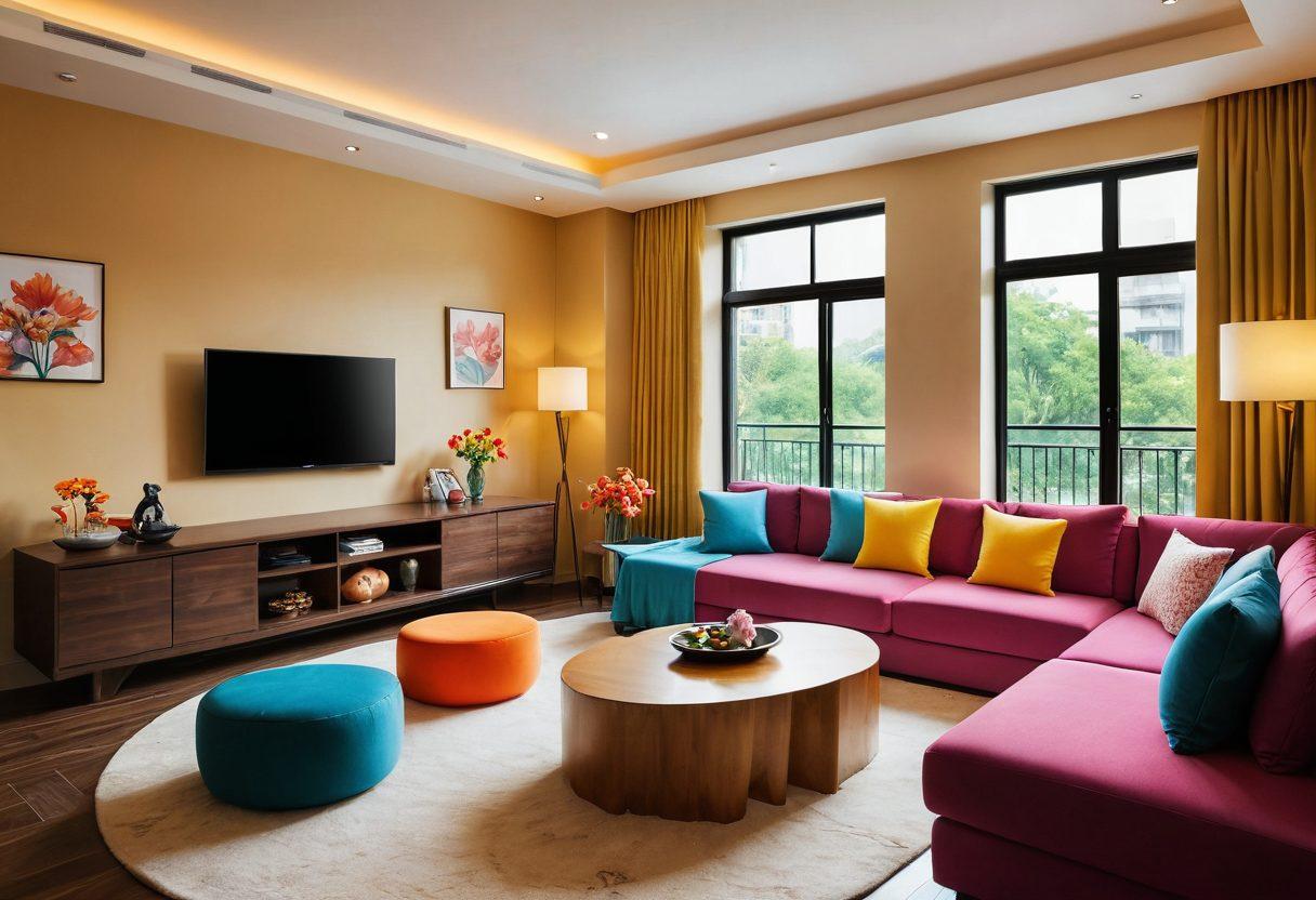 A cozy and inviting family room at the Lotus Hotel, showcasing a spacious layout with vibrant colors and cheerful decor. Include a large window with a view of blooming lotus flowers outside, along with a cozy seating area where a family is enjoying quality time. Add whimsical elements like colorful cushions and children’s toys scattered around, illustrating the family-friendly atmosphere. super-realistic. vibrant colors. warm lighting.
